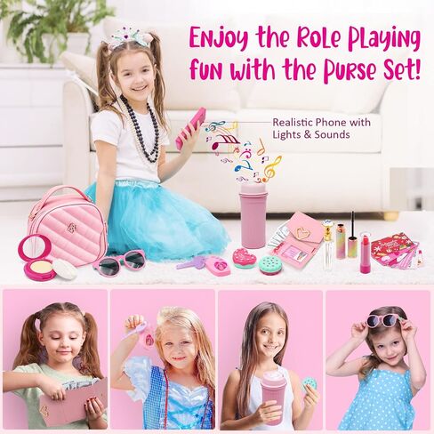 Little Girl Purse with Pretend Makeup for Toddlers, 49PCS Kids Play Purse Set - Princess Toy Accessories, Pretend Play Headset Wallet Phones Sunglasses Keys Credit Cards Birthday Gift for Girls Age 3+ in Saudi Arabia
