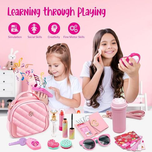 Little Girl Purse with Pretend Makeup for Toddlers, 49PCS Kids Play Purse Set - Princess Toy Accessories, Pretend Play Headset Wallet Phones Sunglasses Keys Credit Cards Birthday Gift for Girls Age 3+ in Saudi Arabia