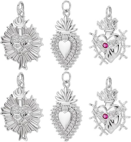 Beebeecraft 1 Box 6pcs 3 Styles 18K Gold Plated Cubic Zirconia Sacred Heart Charms Love Shape Pendants Charm with Jump Rings for Jewelry Necklace Bracelet Making in Kuwait