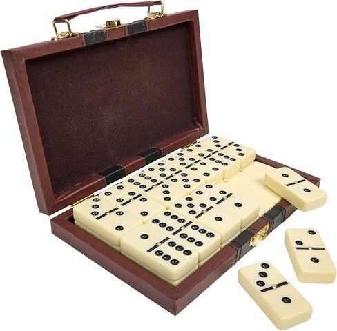 Jumbo Double Six Dominoes Set - 28 Black Classic Tiles in Faux Leather Case - Fun Educational Toy for Kids, Boys, Girls, Classroom Kit, Classic Game Night Party Favors Set, Travel-Friendly in Kuwait