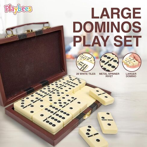 Jumbo Double Six Dominoes Set - 28 Black Classic Tiles in Faux Leather Case - Fun Educational Toy for Kids, Boys, Girls, Classroom Kit, Classic Game Night Party Favors Set, Travel-Friendly in Kuwait