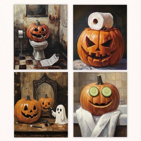Vintage Farmhouse Halloween Ghost Bathroom Canvas Canvas Art Art Prints مجموعة من 4 ، مضحك هالوين اليقطين لطيف ملصقات المرحاض in Kuwait