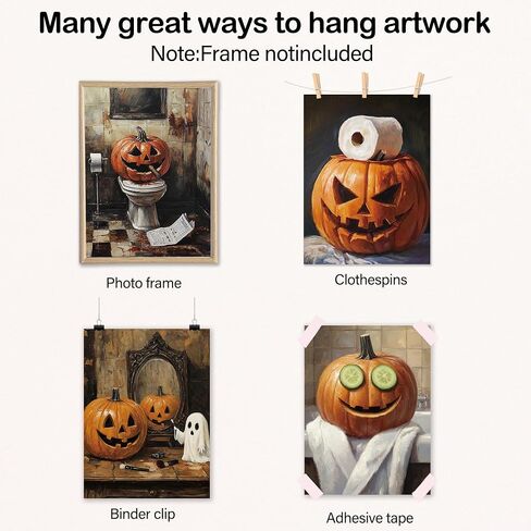 Vintage Farmhouse Halloween Ghost Bathroom Canvas Canvas Art Art Prints مجموعة من 4 ، مضحك هالوين اليقطين لطيف ملصقات المرحاض in Kuwait