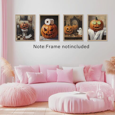 Vintage Farmhouse Halloween Ghost Bathroom Canvas Canvas Art Art Prints مجموعة من 4 ، مضحك هالوين اليقطين لطيف ملصقات المرحاض in Kuwait