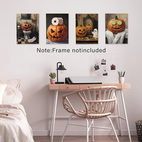 Vintage Farmhouse Halloween Ghost Bathroom Canvas Canvas Art Art Prints مجموعة من 4 ، مضحك هالوين اليقطين لطيف ملصقات المرحاض in Kuwait