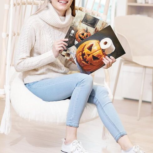 Vintage Farmhouse Halloween Ghost Bathroom Canvas Canvas Art Art Prints مجموعة من 4 ، مضحك هالوين اليقطين لطيف ملصقات المرحاض in Kuwait