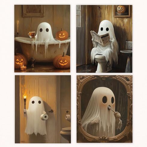 Vintage Farmhouse Halloween Ghost Bathroom Canvas Canvas Art Art Prints مجموعة من 4 ، مضحك هالوين اليقطين لطيف ملصقات المرحاض in Kuwait