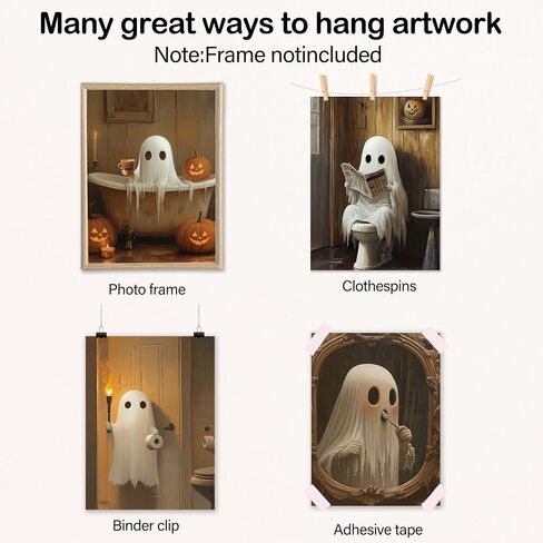 Vintage Farmhouse Halloween Ghost Bathroom Canvas Canvas Art Art Prints مجموعة من 4 ، مضحك هالوين اليقطين لطيف ملصقات المرحاض in Kuwait