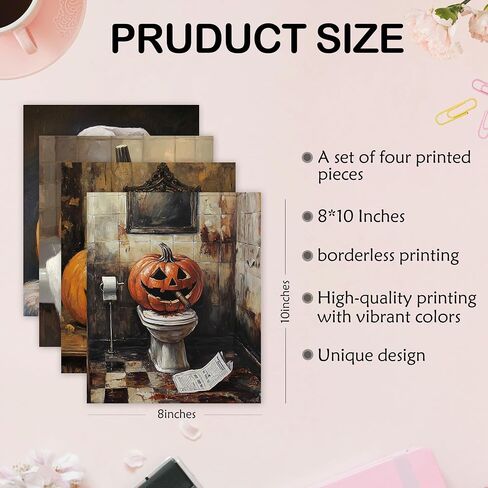Vintage Farmhouse Halloween Ghost Bathroom Canvas Canvas Art Art Prints مجموعة من 4 ، مضحك هالوين اليقطين لطيف ملصقات المرحاض in Kuwait