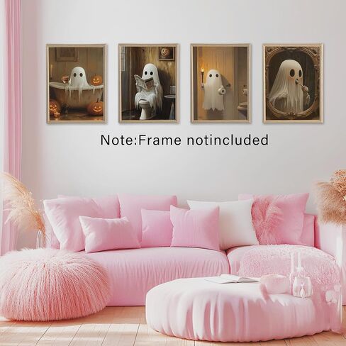 Vintage Farmhouse Halloween Ghost Bathroom Canvas Canvas Art Art Prints مجموعة من 4 ، مضحك هالوين اليقطين لطيف ملصقات المرحاض in Kuwait