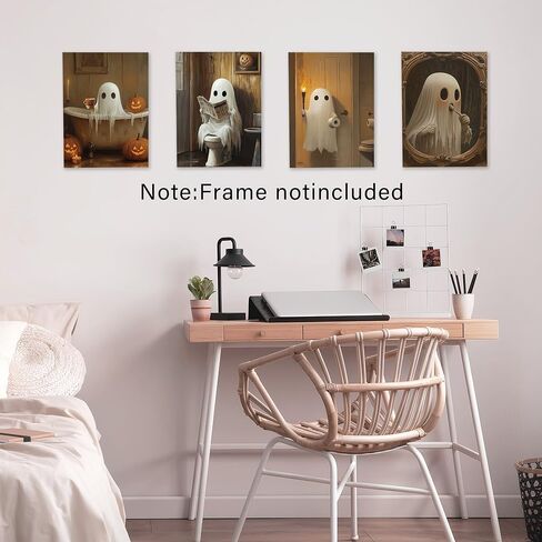 Vintage Farmhouse Halloween Ghost Bathroom Canvas Canvas Art Art Prints مجموعة من 4 ، مضحك هالوين اليقطين لطيف ملصقات المرحاض in Kuwait