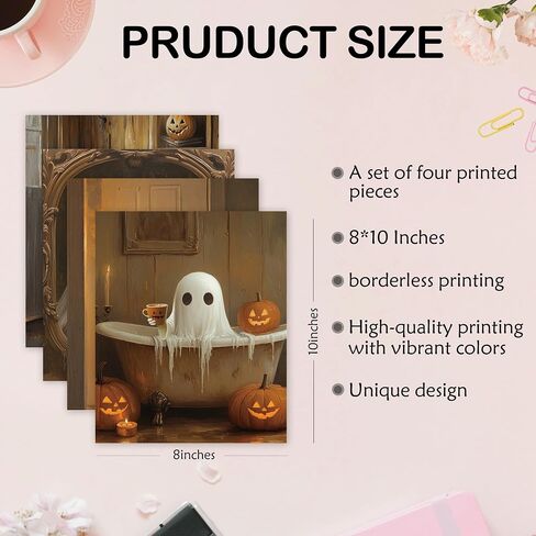 Vintage Farmhouse Halloween Ghost Bathroom Canvas Canvas Art Art Prints مجموعة من 4 ، مضحك هالوين اليقطين لطيف ملصقات المرحاض in Kuwait