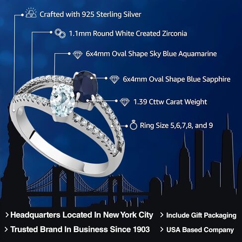 GEM Stone King 925 Sterling Silver Blue الياقوت والسماء الزرقاء الأزمنة 2 حلقة الحجر للنساء (1.39 CTTW ، أحجار الأحجار الكريمة ، متوفر في الحجم 5 ، 6 ، 7 ، 8 ، 9) in Saudi Arabia