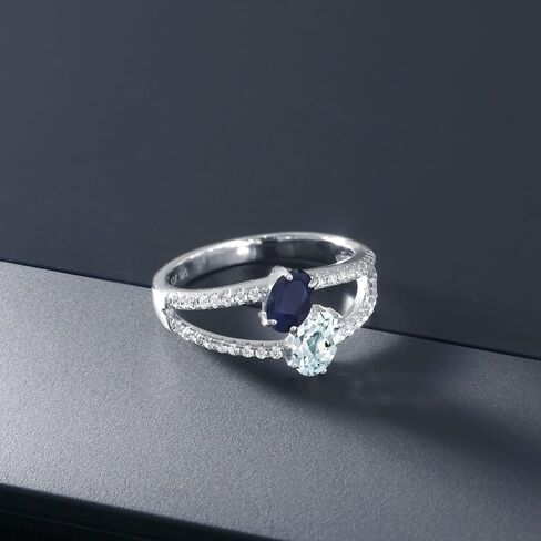 GEM Stone King 925 Sterling Silver Blue الياقوت والسماء الزرقاء الأزمنة 2 حلقة الحجر للنساء (1.39 CTTW ، أحجار الأحجار الكريمة ، متوفر في الحجم 5 ، 6 ، 7 ، 8 ، 9) in Saudi Arabia