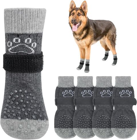 SCENEREAL Dog Socks to Prevent Licking Paws for Hot/Cold Pavement Anti Slip, Dog Shoes for Hardwood Floors, Dog Boots & Paw Protectors with Grippers for Small Medium Large Senior Dogs, Grey L in Kuwait