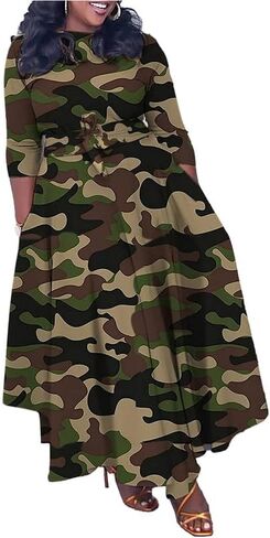 LROSEY Women's Casual Button Down Short Sleeve Maxi Dress African Floral Camo A Line Long Dresses with Belt in Kuwait
