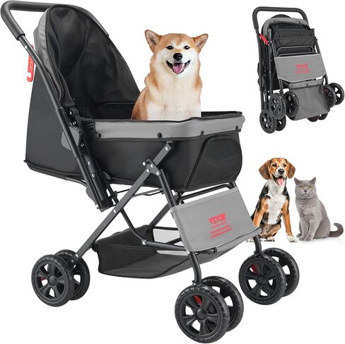 VEVOR Pet Stroller, 4 Wheels Dog Stroller with Brake, 35lbs Weight Capacity, Lightweight Foldable Portable Folding Carrier, Storage Basket and Cup Holder, for Dogs and Cats Travel, Black+Dark Grey in Saudi Arabia