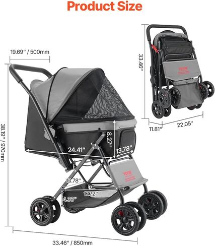 VEVOR Pet Stroller, 4 Wheels Dog Stroller with Brake, 35lbs Weight Capacity, Lightweight Foldable Portable Folding Carrier, Storage Basket and Cup Holder, for Dogs and Cats Travel, Black+Dark Grey in Saudi Arabia