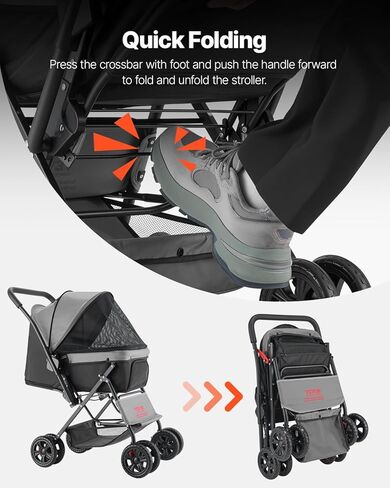 VEVOR Pet Stroller, 4 Wheels Dog Stroller with Brake, 35lbs Weight Capacity, Lightweight Foldable Portable Folding Carrier, Storage Basket and Cup Holder, for Dogs and Cats Travel, Black+Dark Grey in Saudi Arabia