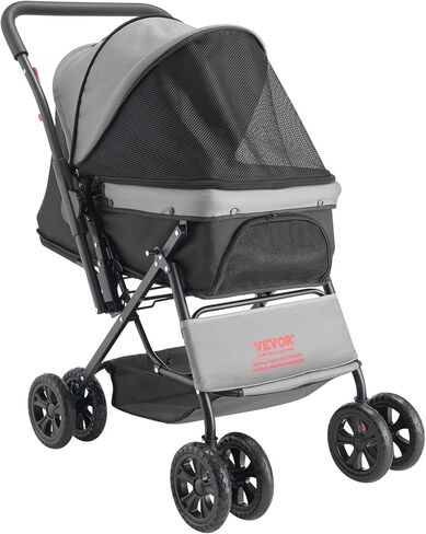 VEVOR Pet Stroller, 4 Wheels Dog Stroller with Brake, 35lbs Weight Capacity, Lightweight Foldable Portable Folding Carrier, Storage Basket and Cup Holder, for Dogs and Cats Travel, Black+Dark Grey in Saudi Arabia