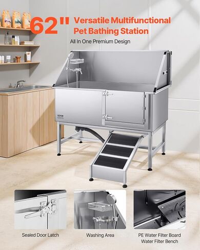 VEVOR Electric Lift Dog Washing Station, 50 inch Professional Stainless Steel Pet Grooming Tub w/PE Water Filter Board, Faucet & Showerhead Dog Bathtub Washing Sink for Multiple Pets (Left Door) in Saudi Arabia