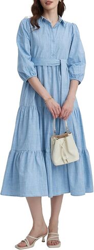 Kedera Womens 3/4 Sleeve Tiered Maxi Dresses Button Button Down Tie Tie Pheist Flowy Shirt Midi Dresses Long French Sundress in Saudi Arabia