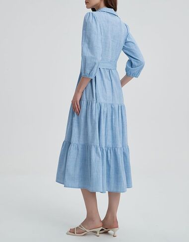 Kedera Womens 3/4 Sleeve Tiered Maxi Dresses Button Button Down Tie Tie Pheist Flowy Shirt Midi Dresses Long French Sundress in Saudi Arabia