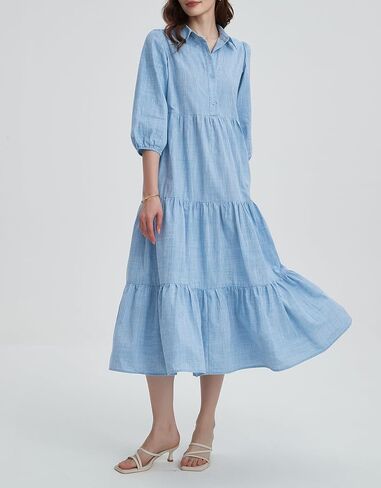 Kedera Womens 3/4 Sleeve Tiered Maxi Dresses Button Button Down Tie Tie Pheist Flowy Shirt Midi Dresses Long French Sundress in Saudi Arabia
