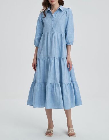 Kedera Womens 3/4 Sleeve Tiered Maxi Dresses Button Button Down Tie Tie Pheist Flowy Shirt Midi Dresses Long French Sundress in Kuwait