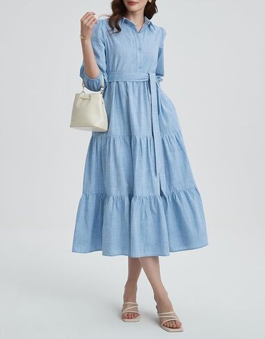 Kedera Womens 3/4 Sleeve Tiered Maxi Dresses Button Button Down Tie Tie Pheist Flowy Shirt Midi Dresses Long French Sundress in Saudi Arabia