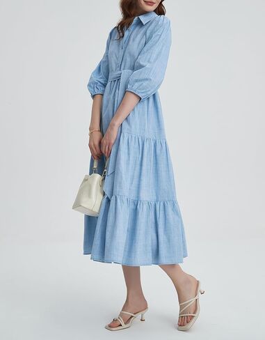 Kedera Womens 3/4 Sleeve Tiered Maxi Dresses Button Button Down Tie Tie Pheist Flowy Shirt Midi Dresses Long French Sundress in Kuwait