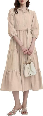 Kedera Womens 3/4 Sleeve Tiered Maxi Dresses Button Button Down Tie Tie Pheist Flowy Shirt Midi Dresses Long French Sundress in Kuwait