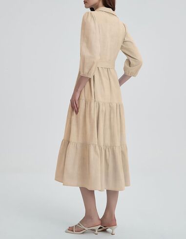 Kedera Womens 3/4 Sleeve Tiered Maxi Dresses Button Button Down Tie Tie Pheist Flowy Shirt Midi Dresses Long French Sundress in Kuwait