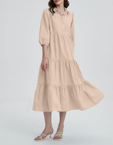 Kedera Womens 3/4 Sleeve Tiered Maxi Dresses Button Button Down Tie Tie Pheist Flowy Shirt Midi Dresses Long French Sundress in Kuwait