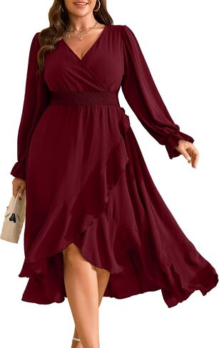 RWJ Women’s Plus Gedding Guest Maxi Dress Wrap v Neck Long Sleeve High Low Low Shulk Cocktail Dresses in Kuwait