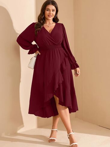 RWJ Women’s Plus Gedding Guest Maxi Dress Wrap v Neck Long Sleeve High Low Low Shulk Cocktail Dresses in Kuwait