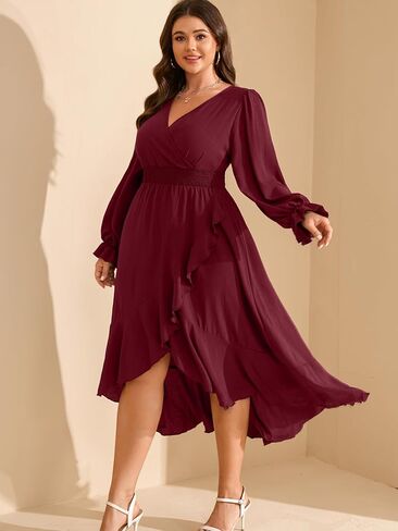 RWJ Women’s Plus Gedding Guest Maxi Dress Wrap v Neck Long Sleeve High Low Low Shulk Cocktail Dresses in Kuwait