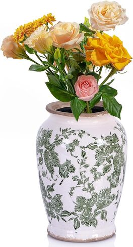 Vintage Vase for Flowers,Green Chinoiserie Ceramic Vase,Rustic Farmhouse Cracked Vases,for Flower Arrangement,Living Room, Office, Shelf, Fireplace Tables,Centerpieces,Chinoiserie Pottery Decor(B) in Saudi Arabia