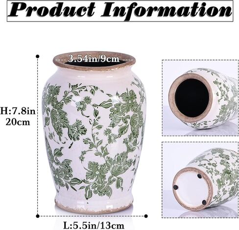 Vintage Vase for Flowers,Green Chinoiserie Ceramic Vase,Rustic Farmhouse Cracked Vases,for Flower Arrangement,Living Room, Office, Shelf, Fireplace Tables,Centerpieces,Chinoiserie Pottery Decor(B) in Saudi Arabia