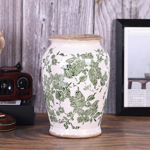 Vintage Vase for Flowers,Green Chinoiserie Ceramic Vase,Rustic Farmhouse Cracked Vases,for Flower Arrangement,Living Room, Office, Shelf, Fireplace Tables,Centerpieces,Chinoiserie Pottery Decor(B) in Saudi Arabia