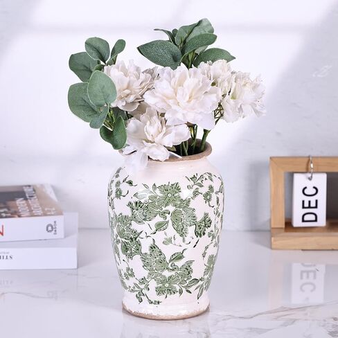 Vintage Vase for Flowers,Green Chinoiserie Ceramic Vase,Rustic Farmhouse Cracked Vases,for Flower Arrangement,Living Room, Office, Shelf, Fireplace Tables,Centerpieces,Chinoiserie Pottery Decor(B) in Saudi Arabia