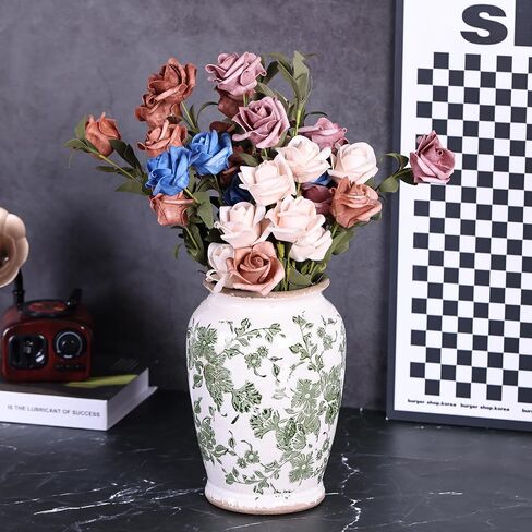 Vintage Vase for Flowers,Green Chinoiserie Ceramic Vase,Rustic Farmhouse Cracked Vases,for Flower Arrangement,Living Room, Office, Shelf, Fireplace Tables,Centerpieces,Chinoiserie Pottery Decor(B) in Saudi Arabia