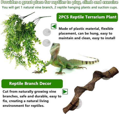 kathson Reptile Corner Branch Climbing Bamboo & Hanging Fake Plants,1 Reptile Branches & 2 Terrarium Plant, Bearded Dragons Tank Decor for Amphibians, Lizards, Geckos, Snakes, Hermit Crab, Frogs in Kuwait