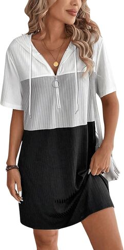 Women's Summer Dress Colorblock Short Sleeve Half Zip Hooded T Shirt Dress Loose Tunic Dress in Saudi Arabia