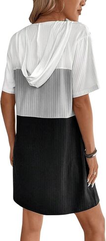 Women's Summer Dress Colorblock Short Sleeve Half Zip Hooded T Shirt Dress Loose Tunic Dress in Saudi Arabia