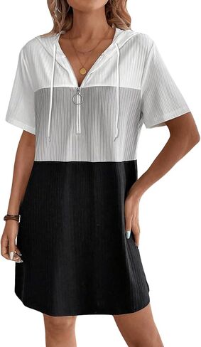Women's Summer Dress Colorblock Short Sleeve Half Zip Hooded T Shirt Dress Loose Tunic Dress in Saudi Arabia