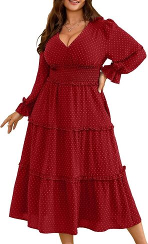 RWJ Women Maxi Fall Dresses 2025 Long Sleeve V Neck Swiss Dot Smocked Boho Tiered Wedding Guest Plus Size Dress in Kuwait