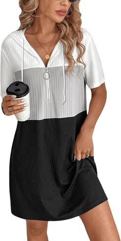 Women's Summer Dress Colorblock Short Sleeve Half Zip Hooded T Shirt Dress Loose Tunic Dress in Saudi Arabia