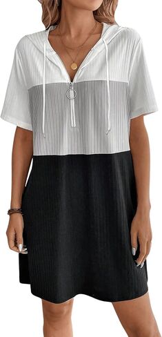 Women's Summer Dress Colorblock Short Sleeve Half Zip Hooded T Shirt Dress Loose Tunic Dress in Saudi Arabia