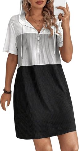 Women's Summer Dress Colorblock Short Sleeve Half Zip Hooded T Shirt Dress Loose Tunic Dress in Saudi Arabia